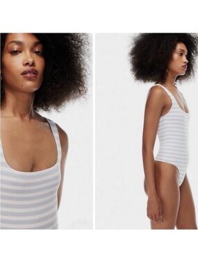 Babaton (Aritzia) Light Blue and White Striped Scoop Neck Bodysuit